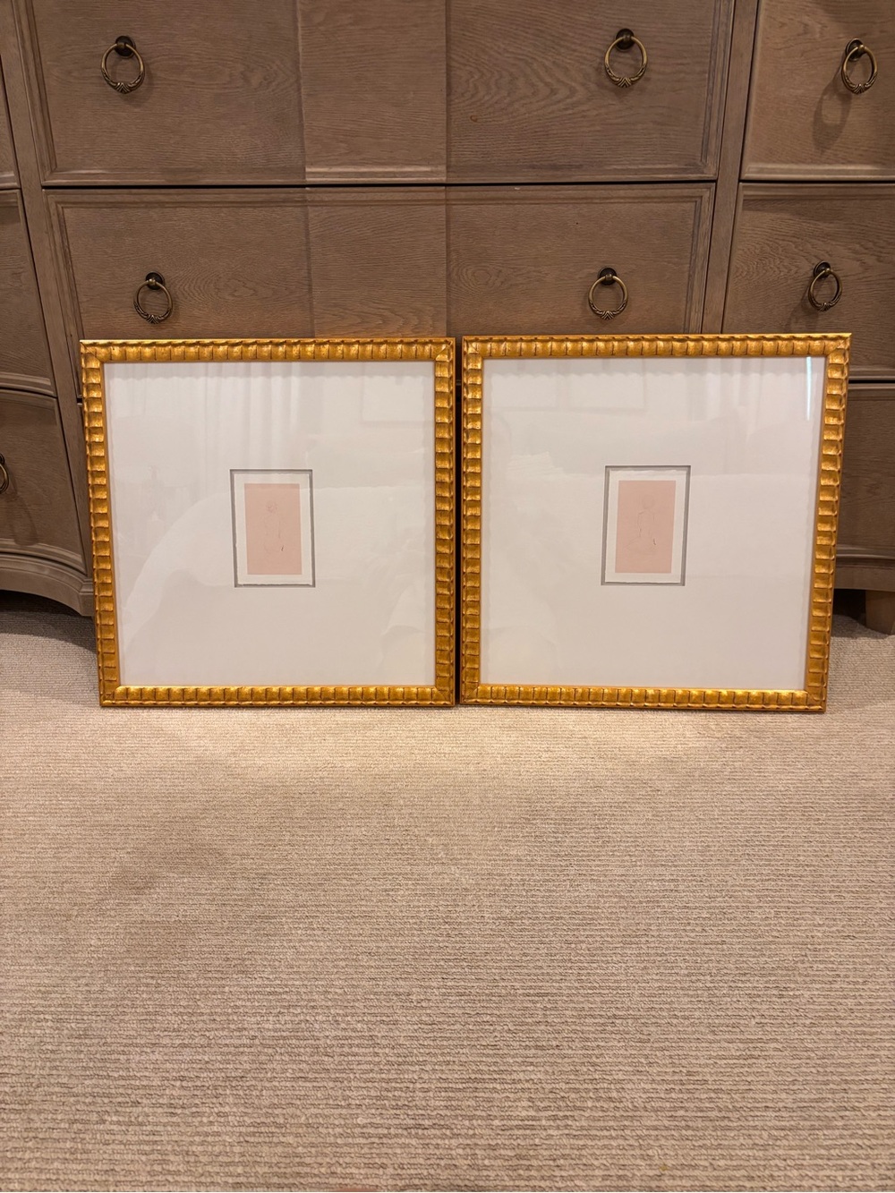 Pair of Gold Beaded Square Wall Frames with White Mats